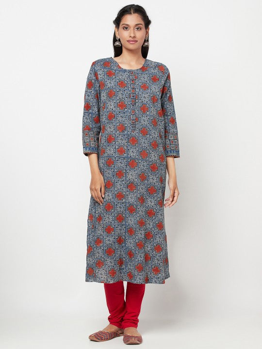 Fabindia Women Navy Blue & Maroon Pure Cotton Ajrakh Print Kurta