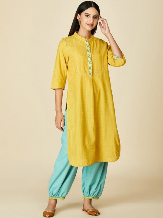 Fabindia Women Yellow Pure Cotton Kurta with Salwar