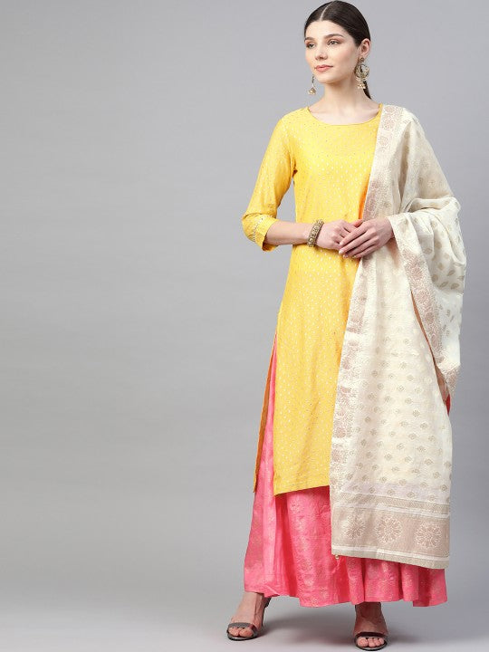 Biba Women Yellow & Pink Self Design Kurta with Palazzos & Dupatta