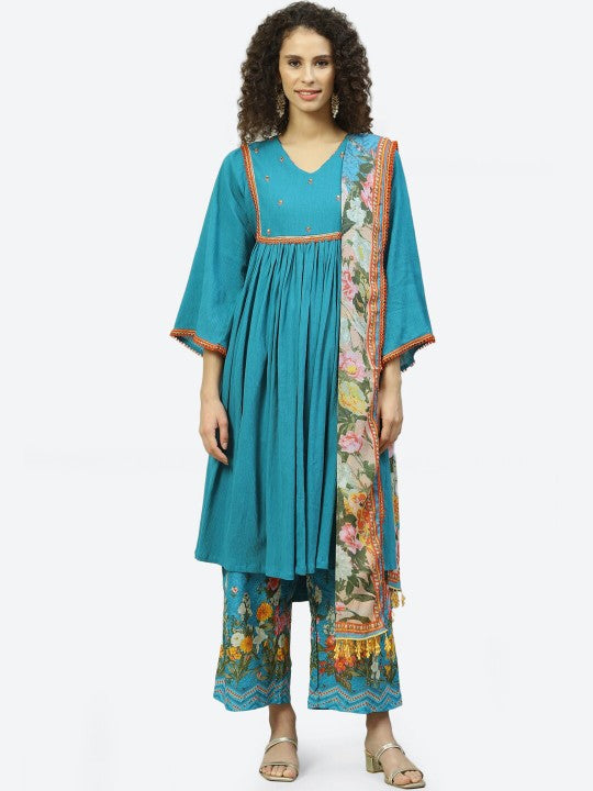 Biba Women Turquoise Blue Floral Empire Sequinned Kurta with Palazzo With Dupatta