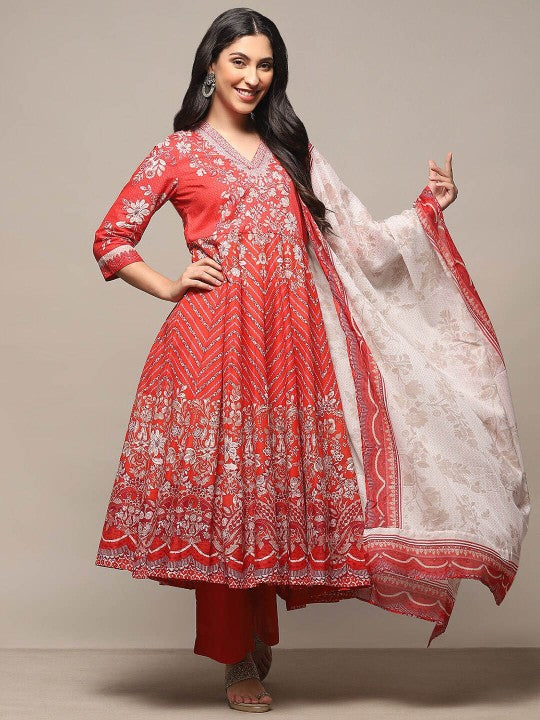 Biba Ethnic Motifs Printed Regular Pure Cotton Anarkali Kurta with Palazzos & Dupatta