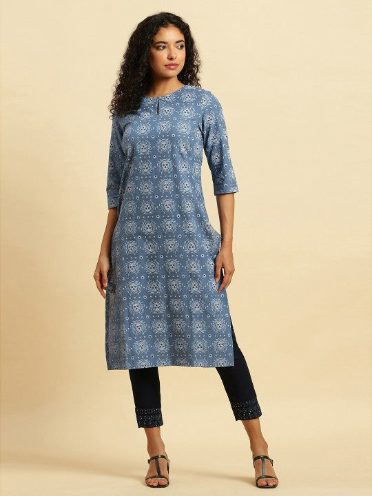 W Ethnic Printed Round Neck Straight Kurta