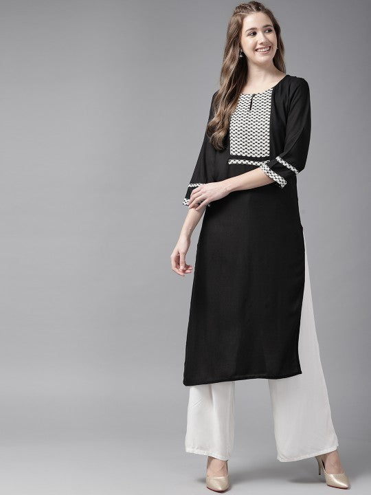 W Women Black & White Geometric Yoke Design Keyhole Neck Thread Work Kurta