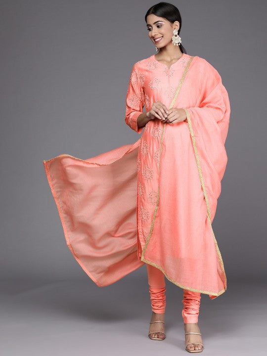 Biba Women Peach-Coloured Floral Printed Sequinned Kurta with Churidar & With Dupatta