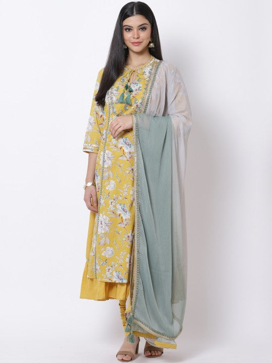 Biba Women Yellow Printed Kurta with Churidar & Dupatta