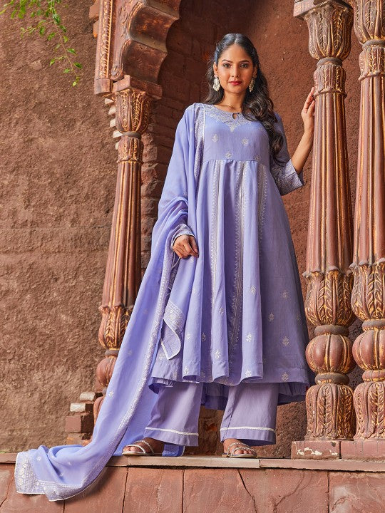 Biba Ethnic Motifs Printed Anarkali Kurta With Palazzos & Dupatta