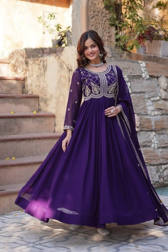 Royal Purple Georgette Anarkali Suit with Hand Embroidered Mirror Work Elegant Wedding Wear