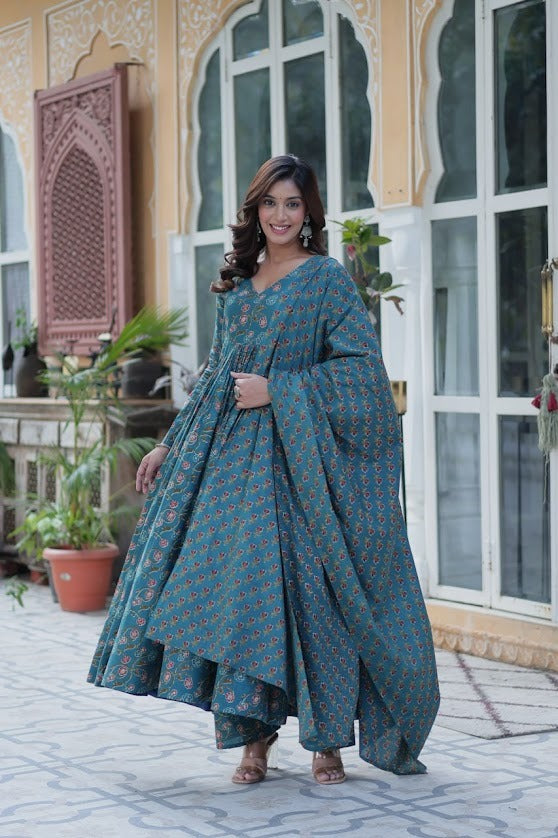 Teal Blue Printed Cotton Anarkali Kurta Set with Dupatta Ethnic Flair for Everyday