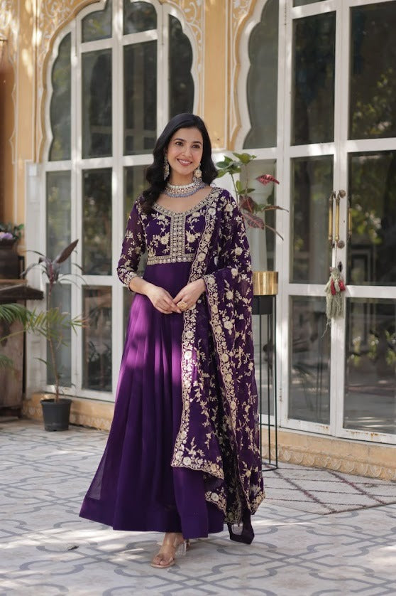Royal Purple Embroidered Anarkali Gown with Zari Work & Dupatta Elegant Ethnic Ensemble for Festive