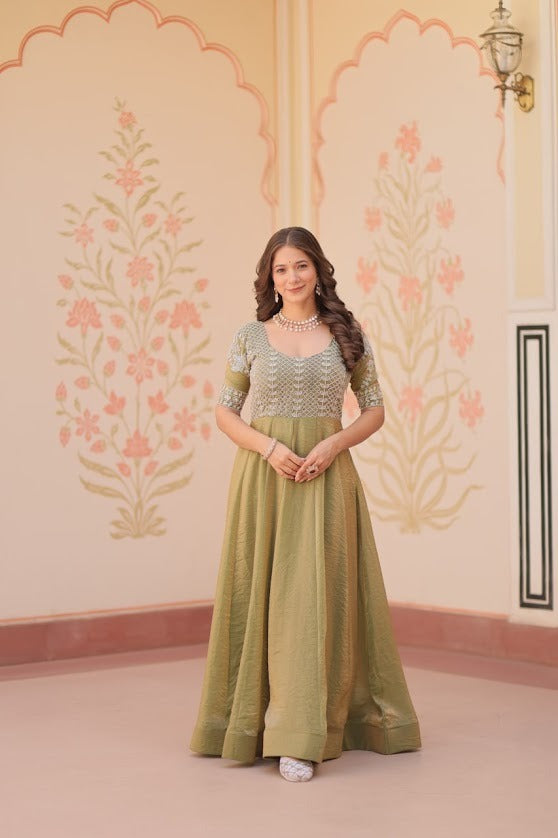 Olive Green Silk Anarkali Gown with Sequin Embroidered Bodice