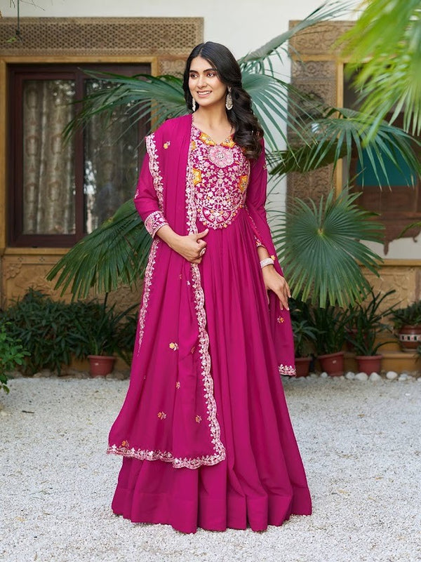 Magenta Anarkali Gown with Floral Mirror Embroidery & Matching Dupatta Festive Designer Wear