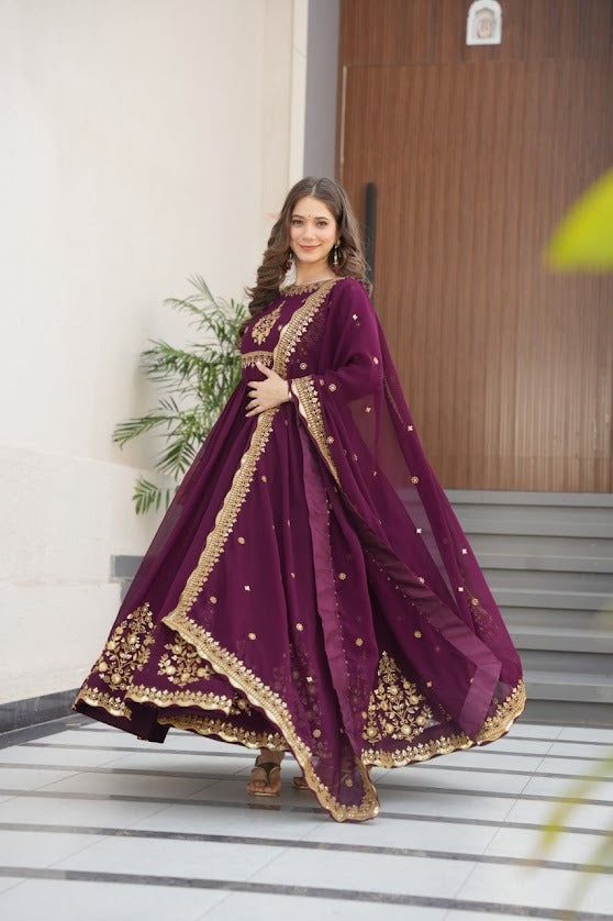 Maroon Wine Embroidered Georgette Anarkali Gown with Dupatta Elegant Party Wear