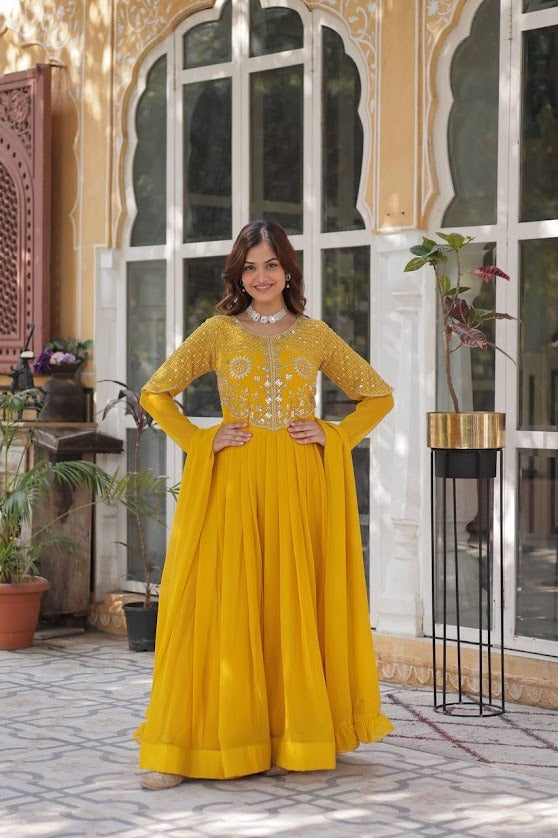 Sunshine Yellow Georgette Anarkali Gown with Sequin & Thread Embroidered Bodice Wedding Ethnic Wear for Women