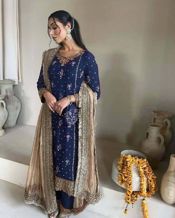 Navy Blue Fox Georgette Embroidered Suit with Heavy Lace Dupatta Regal Ethnic Ensemble