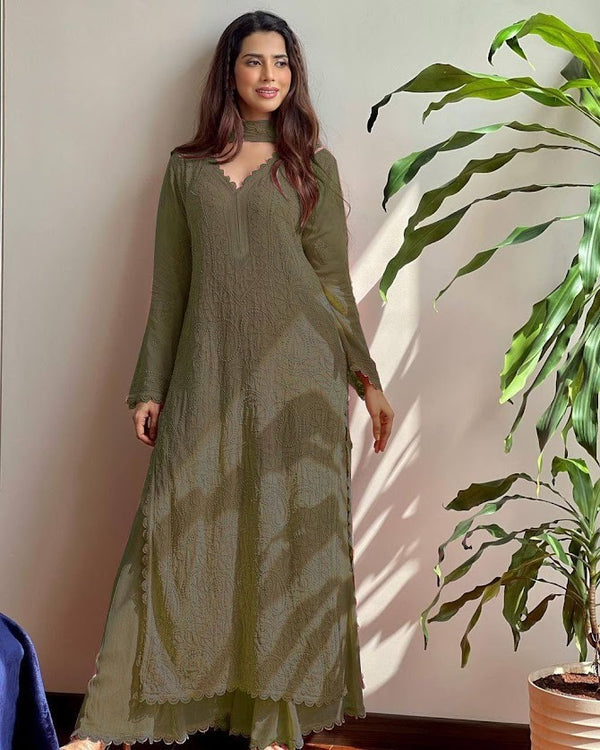 Olive Green Embroidered Anarkali Kurta Set Elegant Full Length Georgette Ensemble with Dupatta