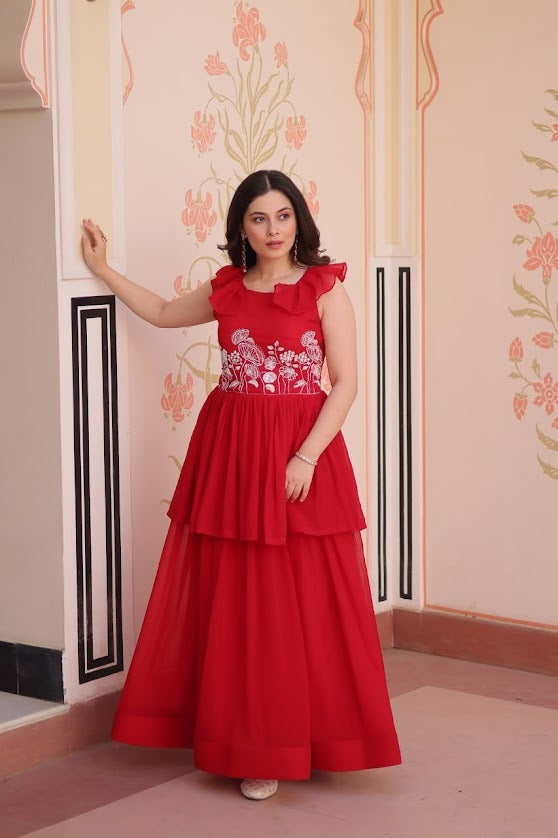 Radiant Red Tiered Gown with White Floral Embroidery Sleeveless Ethnic Party Wear Dress