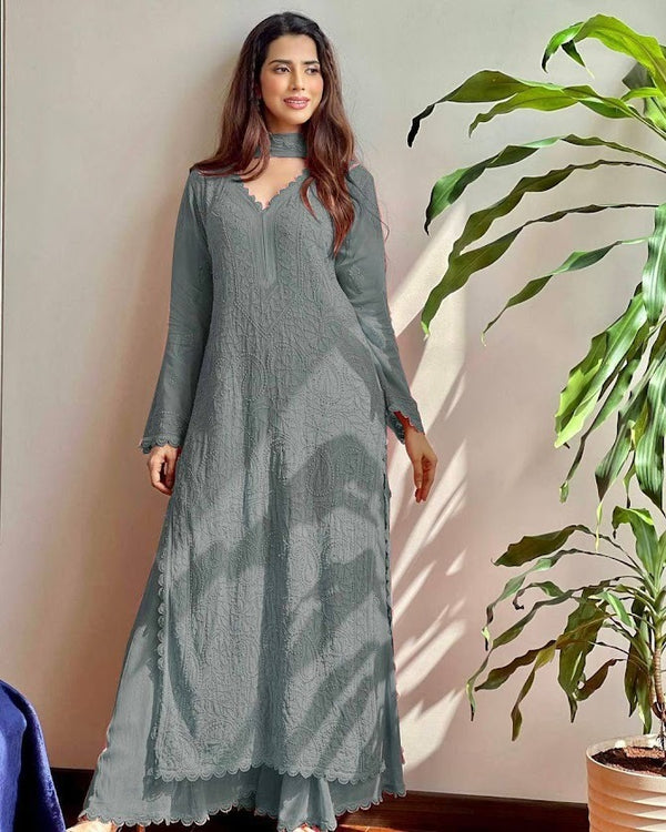 Dusty Teal Chikankari Long Kurta Set with Dupatta Elegant Scallop Detailing & Flowing Silhouette
