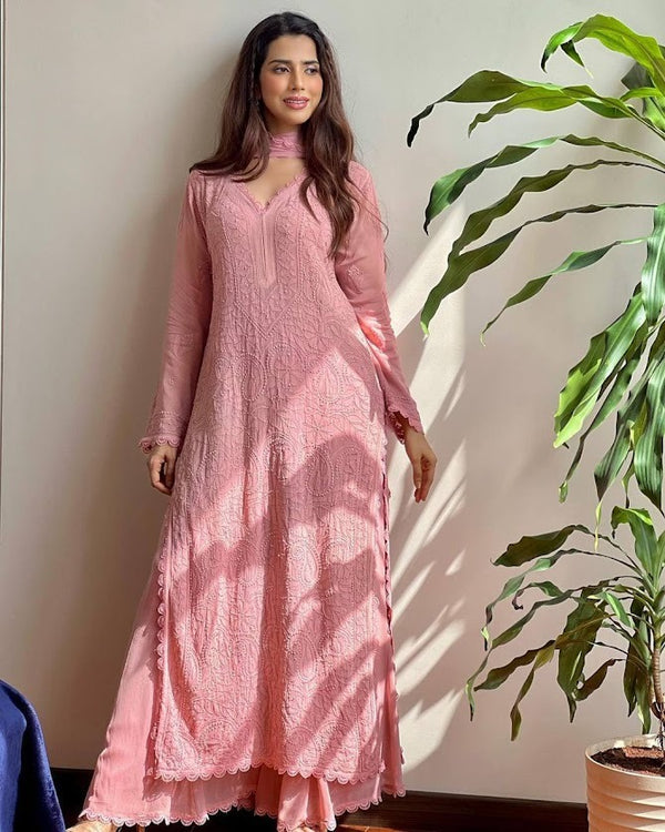 Elegant Pink Embroidered Long Anarkali Kurta Set Soft Georgette with Chiffon Dupatta