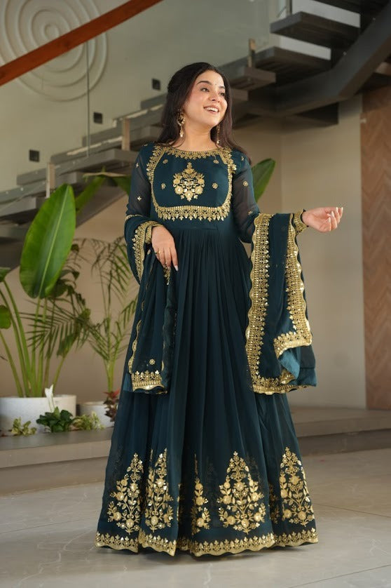 Teal Blue Embroidered Anarkali Gown Set with Dupatta Premium Wedding Wear