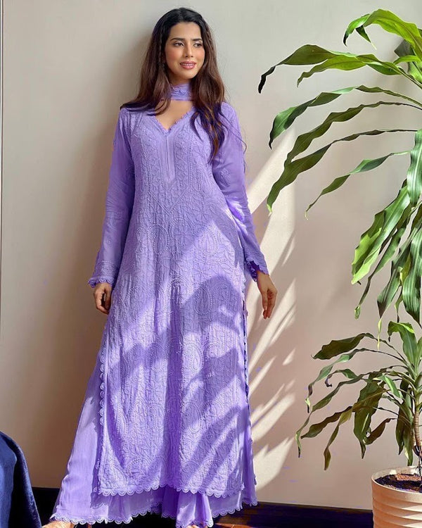 Lavender Embroidered Anarkali Kurta Set with Dupatta Elegant Georgette Festive Wear
