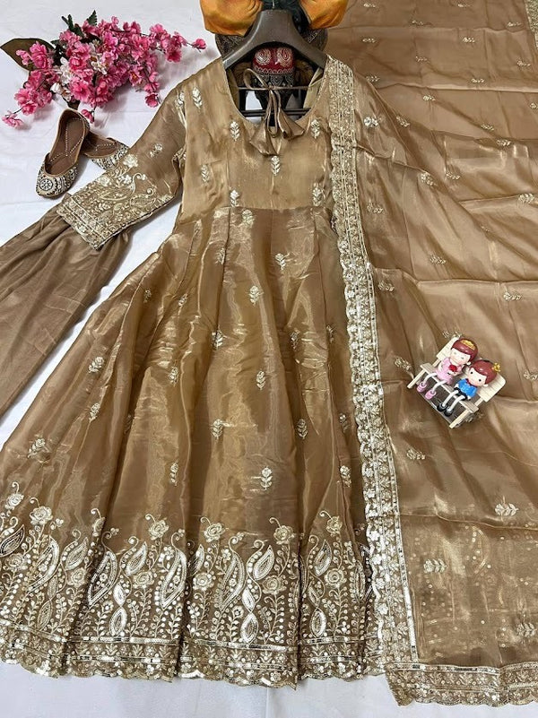 Golden Brown Silk Embroidered Anarkali Suit with Dupatta Festive Ethnic Wear