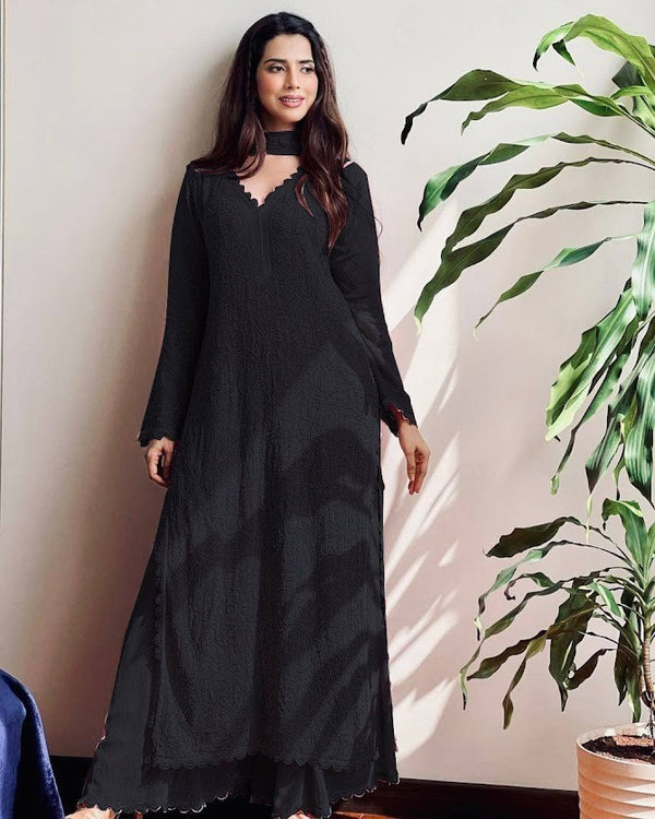 Black Chikankari Georgette Kurta Set with Scallop Neckline & Dupatta Elegant Ethnic Ensemble