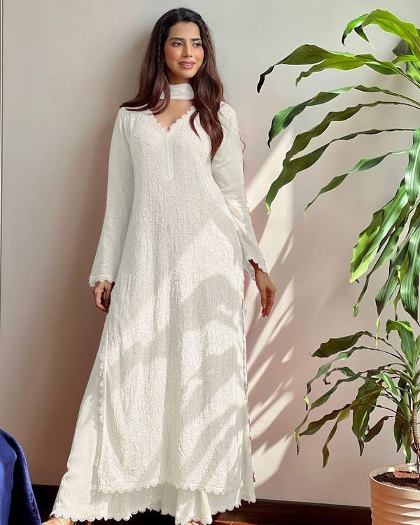 Ivory White Embroidered Anarkali Kurta Set Graceful Georgette Suit with Palazzo & Dupatta