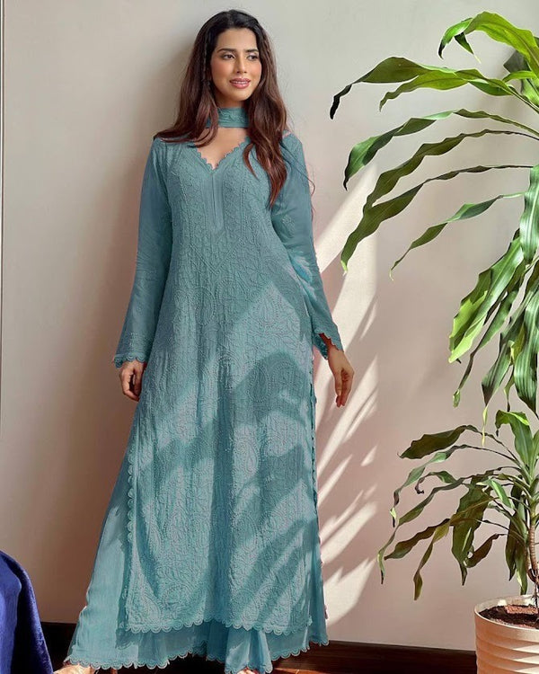 Pastel Teal Blue Embroidered Anarkali Kurta Set Elegant Georgette Suit with Palazzo & Dupatta