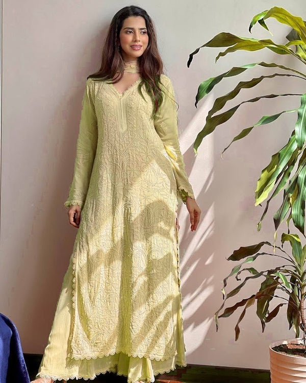 Pastel Yellow Embroidered Anarkali Kurta Set Elegant Georgette Suit with Palazzo & Dupatta
