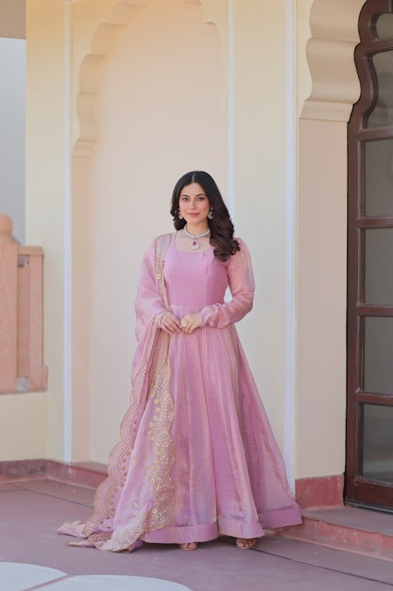 Blush Pink Organza Anarkali Gown with Sequin Work Dupatta Elegant Ethnic Wear for Wedding Occasions