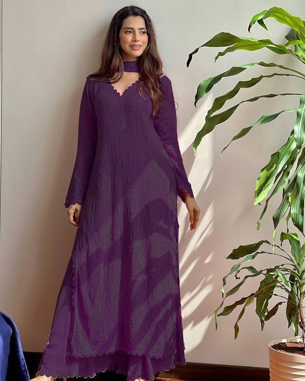 Royal Purple Embroidered Anarkali Kurta Set Georgette Long Suit with Palazzo & Dupatta