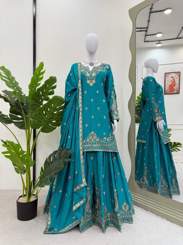 Teal Blue Heavy Embroidered Sharara Suit with Dupatta Designer Festive Outfit
