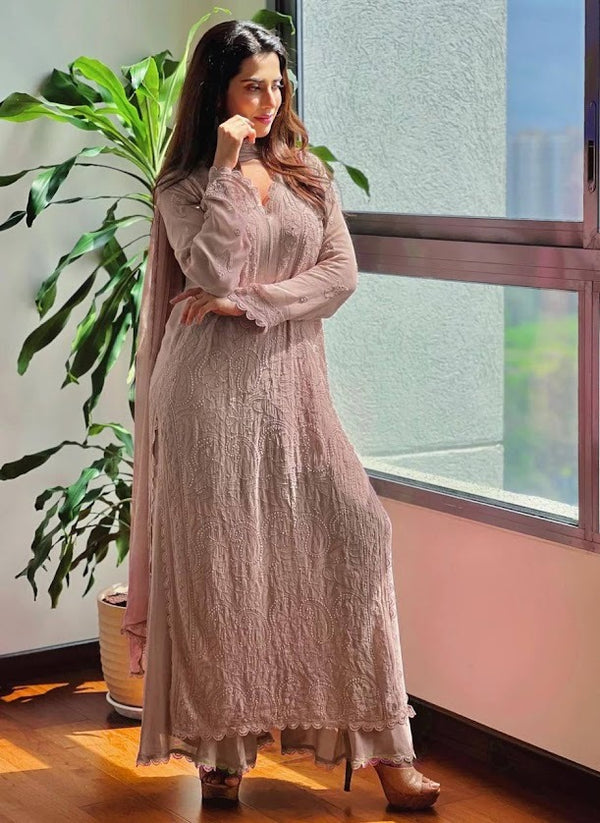 Dusty Mauve Embroidered Anarkali Kurta Set Elegant Full Length Georgette Suit with Dupatta