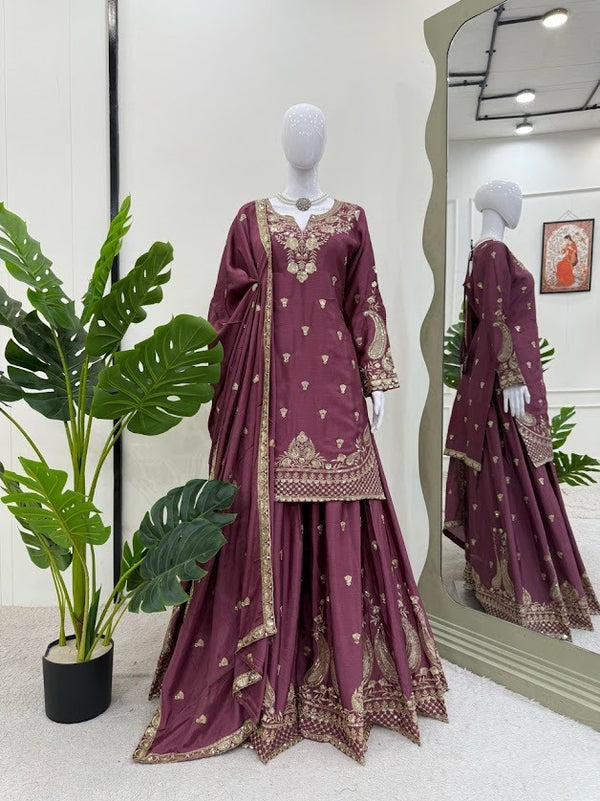 Plum Purple Heavy Embroidered Sharara Suit with Dupatta Elegant Festive Wear Set