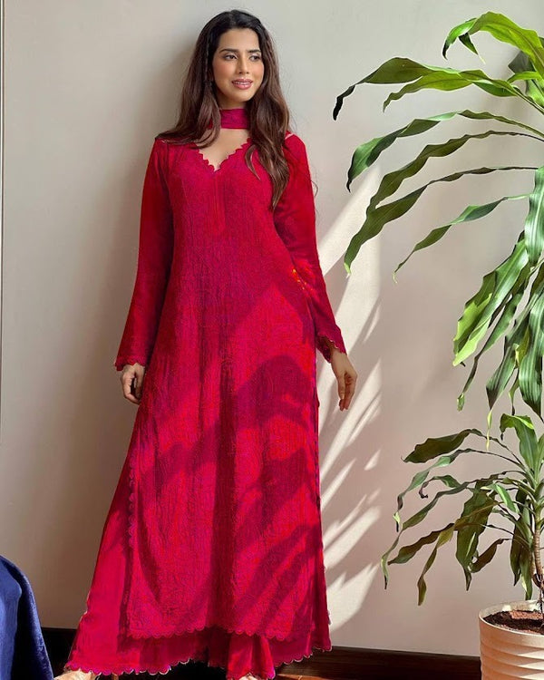 Crimson Red Embroidered Anarkali Kurta Set Festive Georgette Long Suit with Palazzo & Dupatta