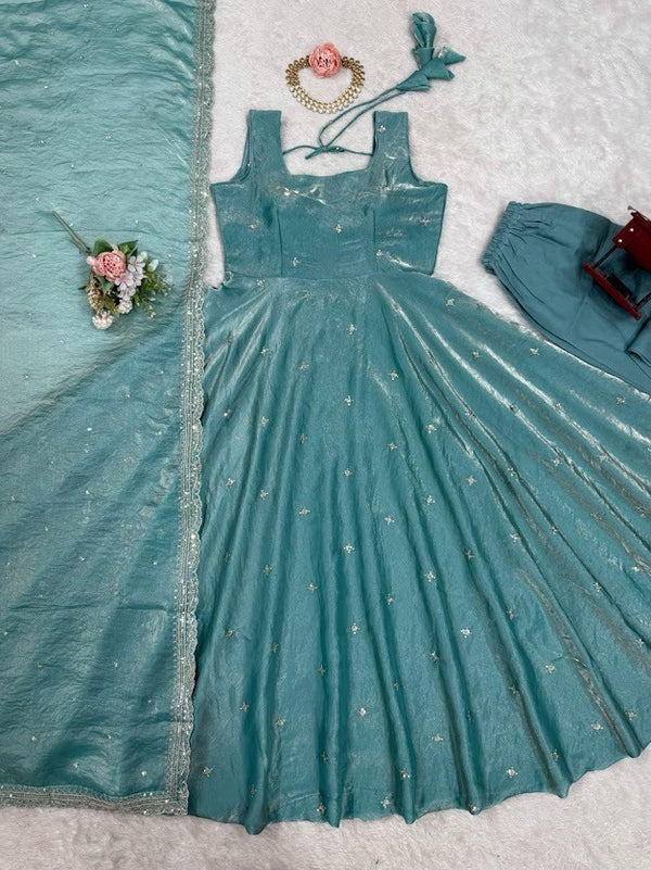 Teal Blue Sleeveless Anarkali Set with Subtle Sequin Embroidery & Net Dupatta Elegant Festive Wear