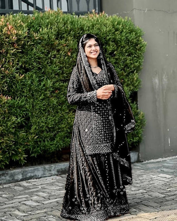 Black Velvet Heavy Embroidered Bridal Sharara Suit with Dupatta Festive Wear