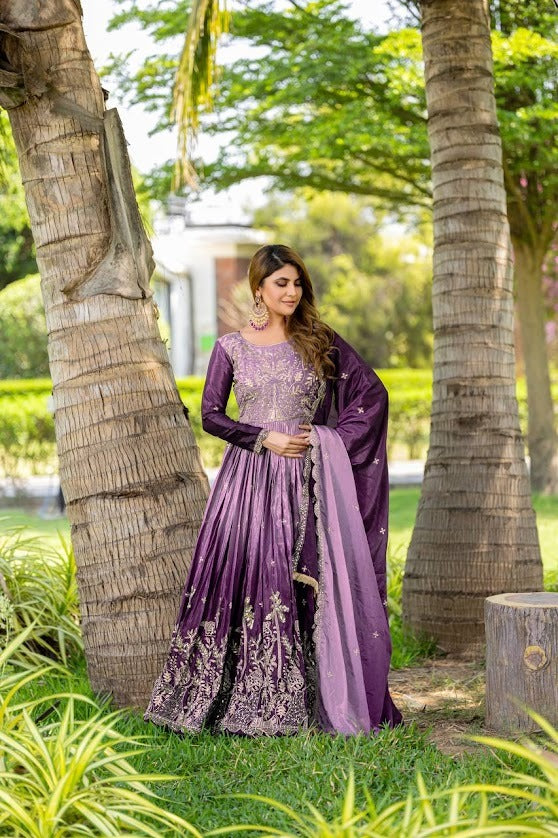 Embroidered Plum Purple Velvet Anarkali Gown with Dupatta Bridal Wear