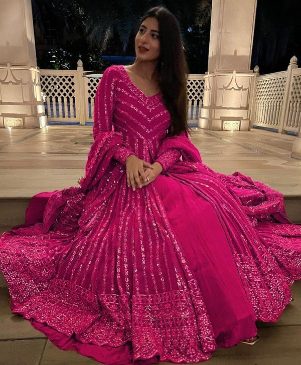 Magenta Pink Embroidered Anarkali Gown Set Radiant Elegance for Weddings