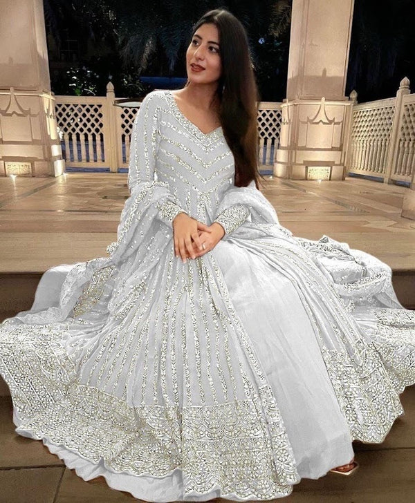 Ivory White Sequined Anarkali Gown Set Timeless Elegance for Bridal & Festive Occasions