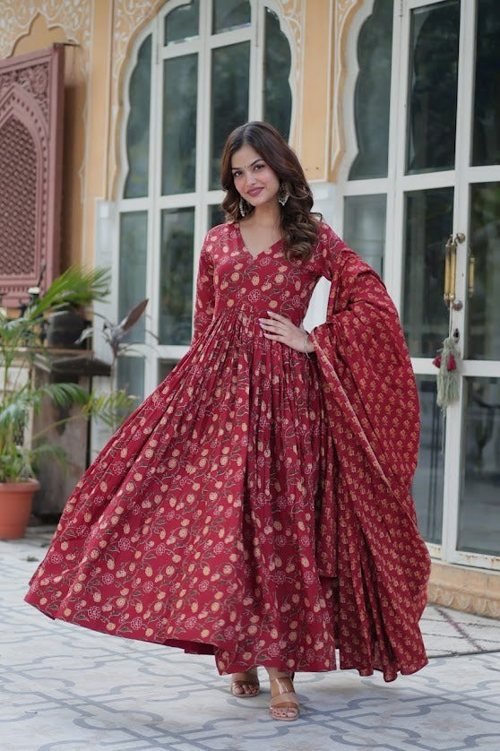 Elegant Maroon Printed Anarkali Set with Dupatta Cotton Ethnic Wear for Casual Occasions