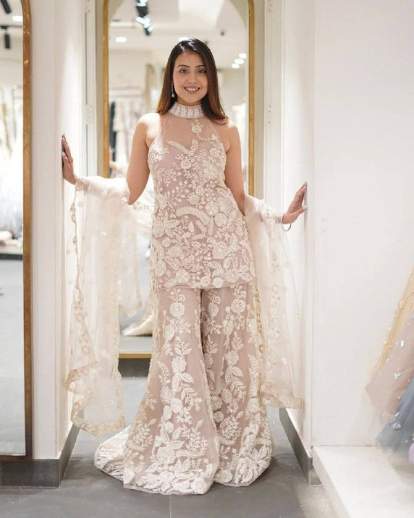 Champagne Beige Net Embroidered Sharara Set with Halter Neck Kurti & Dupatta Party Wear