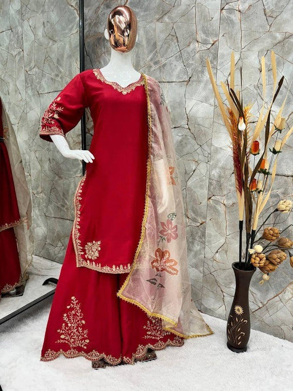 Crimson Red Embroidered Sharara Suit with Floral Net Dupatta Elegant Wedding Wear