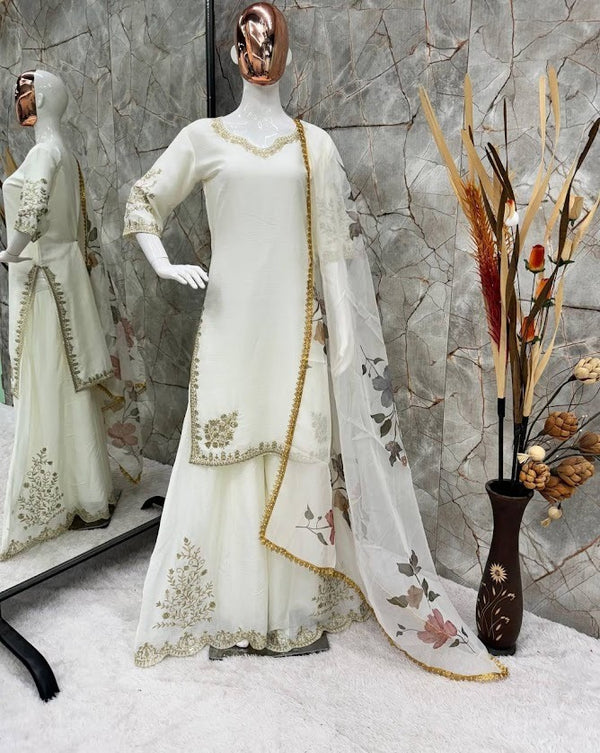 Ivory White Embroidered Sharara Suit with Floral Organza Dupatta Graceful Festive Wear