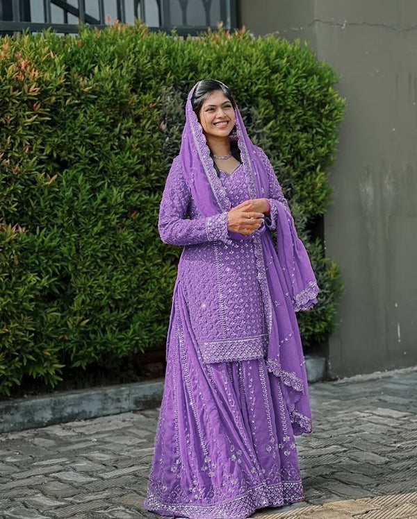 Lavender Heavy Embroidered Georgette Sharara Suit with Dupatta Festive Wear
