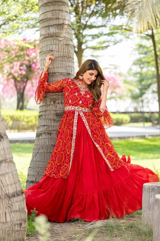 Bandhani Printed Red Layered Anarkali Gown with Flared Sleeves & Mirror Lace Detailing Ethnic Wear for Weddings & Functions