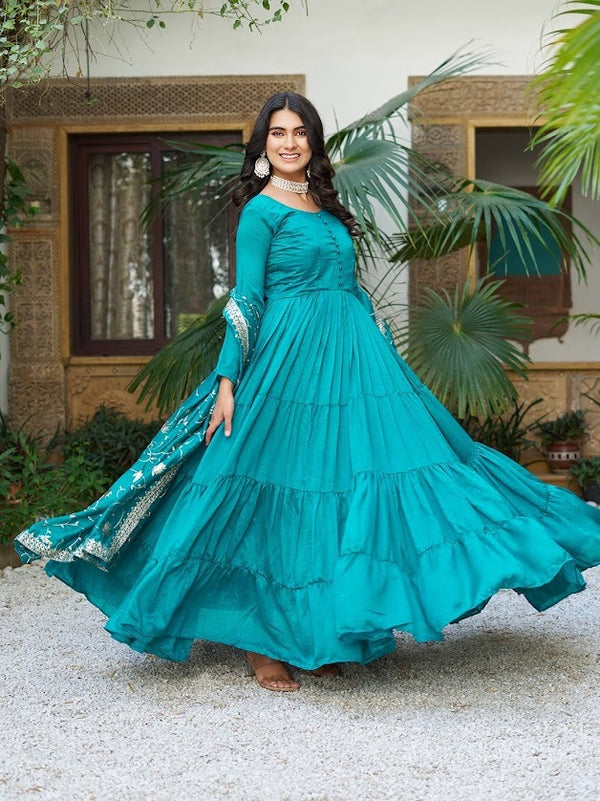 Teal Blue Anarkali Gown with Intricate Zari Embroidered Dupatta Elegant Ethnic Wear