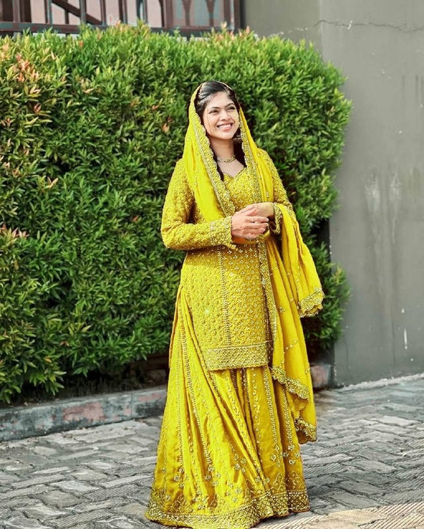 Mustard Yellow Heavy Embroidered Sharara Suit with Dupatta Festive Ensemble