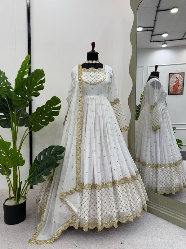 Royal White Anarkali Gown with Golden Sequin Work & Dupatta Elegant Ethnic Bridal Wear