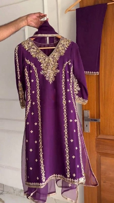 Royal Purple Georgette Suit with Exquisite Gold Embroidery Elegant Festive Wear